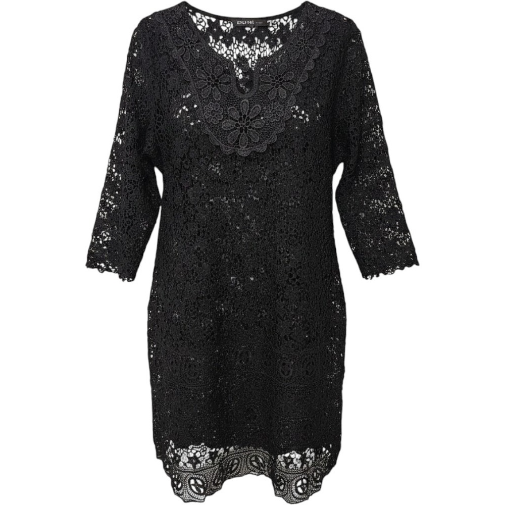 Origami by Vivien Black Floral Crochet Lace Shift Dress V-Neck 3/4 Sleeve Small‎